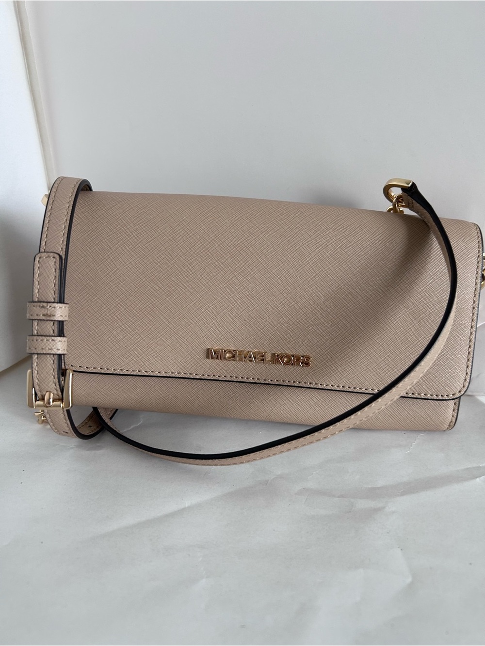 Michael Kors Taupe Saffiano Leather Crossbody Bag with Gold Hardware